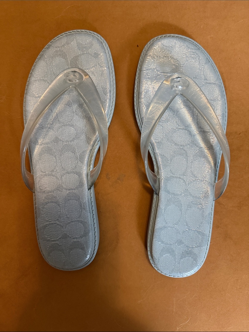 Coach Light Blue Logo Flip Flop Sandals with Clear Straps